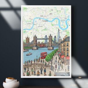Vintage London Travel Poster | Tower Bridge Map Art (Instant Download)