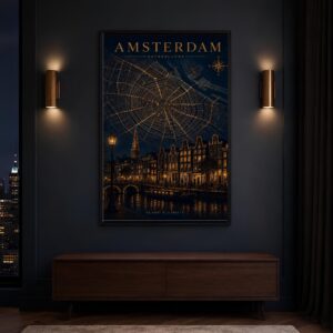 A dark navy and gold Amsterdam city map poster showing a street map, canal, Dutch buildings, bridge, boat, and compass rose