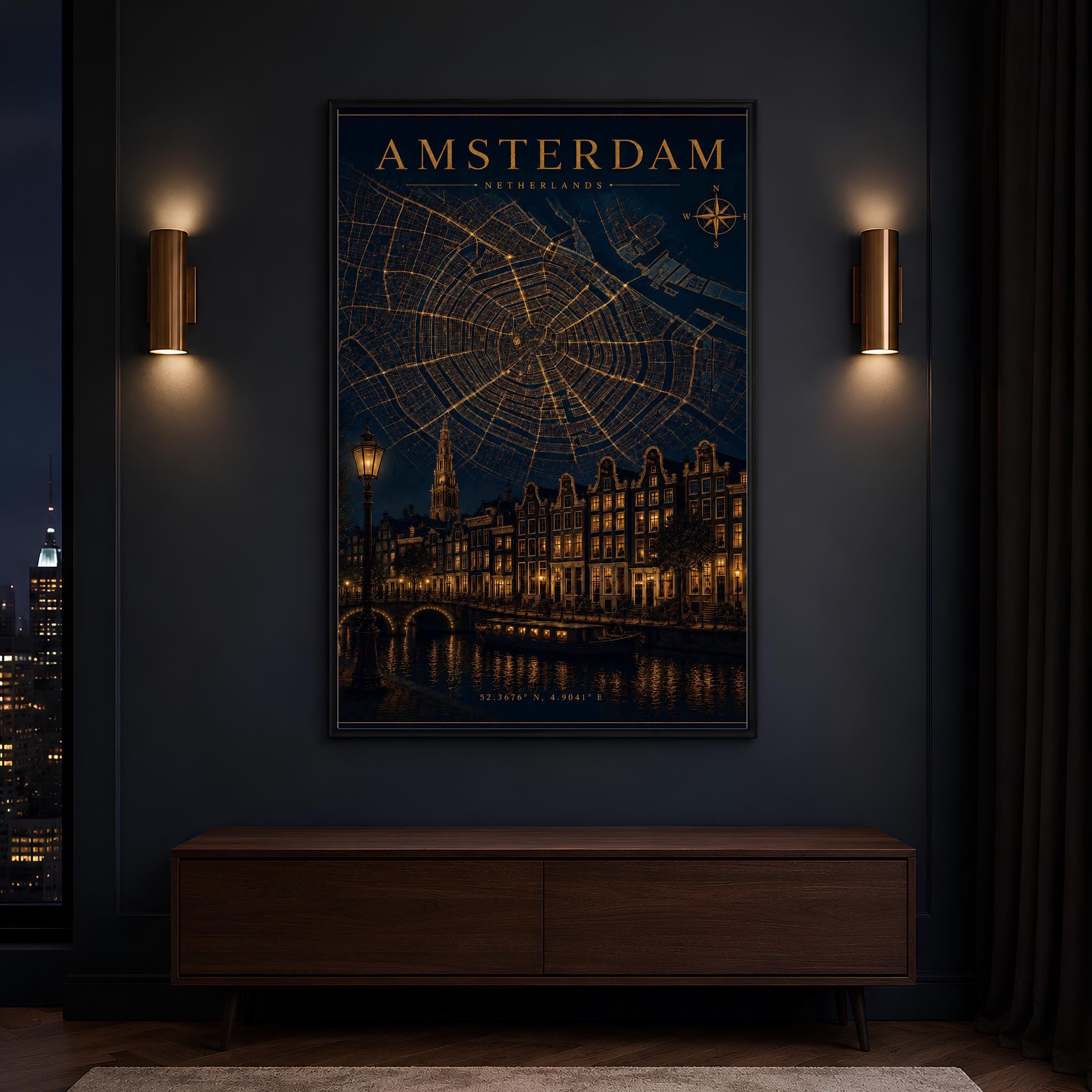 A dark navy and gold Amsterdam city map poster showing a street map, canal, Dutch buildings, bridge, boat, and compass rose