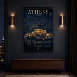 Navy and gold Athens Greece city map travel poster showing the Acropolis and Parthenon