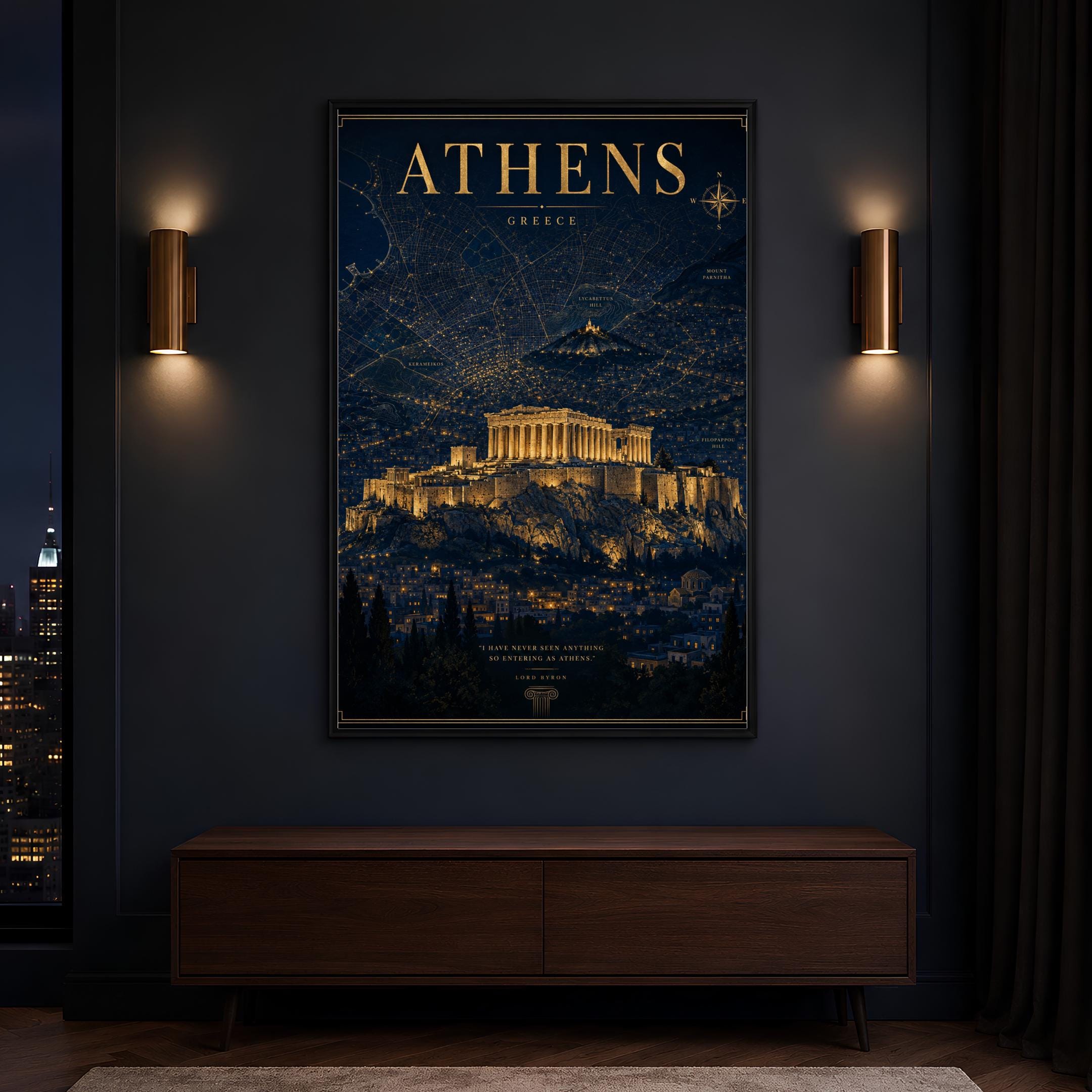 Navy and gold Athens Greece city map travel poster showing the Acropolis and Parthenon