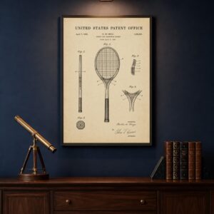 Vintage 1925 tennis and badminton racket patent technical drawing on aged parchment
