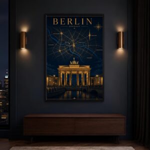 Navy and gold map of Berlin featuring iconic landmarks and glowing city markers
