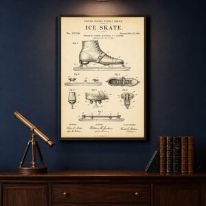 Technical drawing of a vintage lace-up ice skate on an aged paper background, United States patent illustration dated February 23 1892