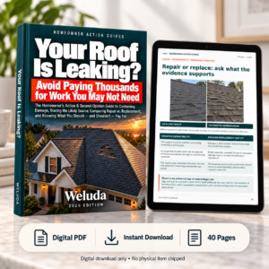 Your Roof Is Leaking? digital guide cover beside a tablet showing the repair-versus-replacement page; 40-page PDF and instant download.