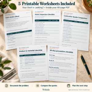 Five printable worksheets inside the Your Roof Is Leaking? PDF: quick action, home inspection, contractor quote comparison, materials, and 30-day prevention.