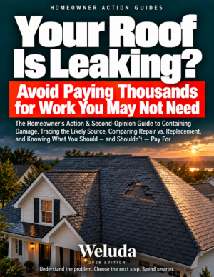 Your Roof Is Leaking? Weluda Homeowner Action and Second-Opinion Guide with teal and orange cover and a storm-damaged shingle roof